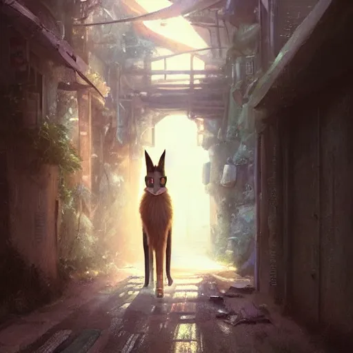Prompt: a wholesome animation key shot of a focused cute caracal in an abandoned alleyway, medium shot, waist up, studio Ghibli, Pixar and Disney animation, sharp, very detailed, high resolution, Rendered in Unreal Engine 5, anime key art by Greg Rutkowski, Bloom, dramatic lighting