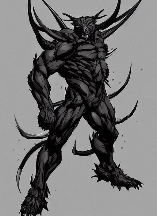 Image similar to Full body portrait of horned shadow bear spirit with sharp claws. In style of Yoji Shinkawa and Hyung-tae Kim, trending on ArtStation, dark fantasy, great composition, concept art, highly detailed.