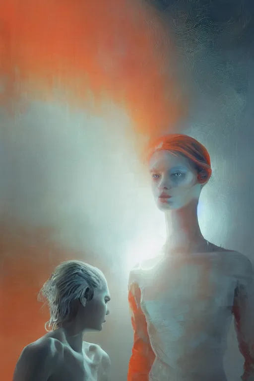 Image similar to 3 d, sci - fi, morning, sleepy fashion model face, sun, cinematic, lightning clouds, vogue cover style, stanley kubrick, light red and deep orange mood, realistic painting, intricate oil painting, high detail, figurative art, multiple exposure, poster art, 3 d, by tooth wu and wlop and beeple and greg rutkowski