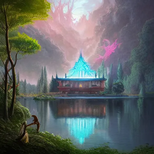 Prompt: A beautiful hyper realistic detailed matte painting of a phoenix temple nestled in forest next to a lake, artwork by John Howe and Albert Bierstadt and Alena Aenami and dan mumford and dave noton, unreal engine, trending on behance