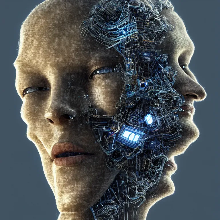 Image similar to hyperrealistic mixed media portrait of the robotic face of god, stunning 3d render inspired art by P. Craig Russell and Barry Windsor-Smith + perfect facial symmetry + dim volumetric lighting, 8k octane beautifully detailed render, post-processing, extremely hyperdetailed, intricate futuristic mechanic parts, epic composition, grim yet sparkling atmosphere, cinematic lighting + masterpiece, trending on artstation