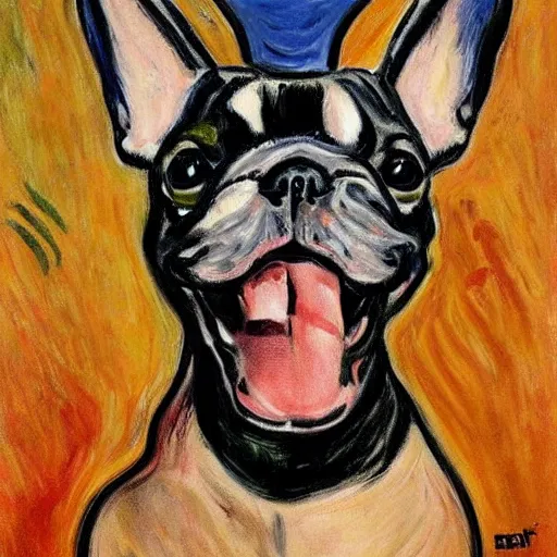 Image similar to french bulldog as the scream by edvard munch