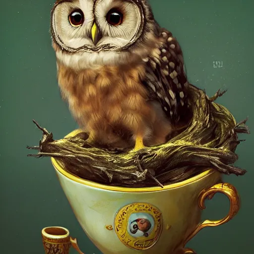 Prompt: long shot of a very cute owl chick nesting in a very romantique cup, by esao andrews, by james jean, marc simonetti, humorous illustration, hyperrealistic, big depth of field, warm colors, night scenery, low light, 3 d octane render, 4 k, conceptart, hyperdetailed, hyperrealistic, trending on artstation