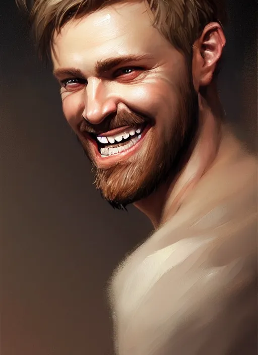 Image similar to a _ fantasy _ style _ portrait _ painting _ of white male short fringe light brown hair short face grinning, rpg dnd oil _ painting _ unreal _ 5 _ daz. _ rpg _ portrait _ extremely _ detailed _ artgerm _ greg _ rutkowski _ greg