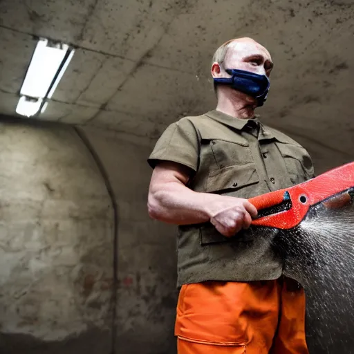 Image similar to putin with a chainsaw. in a concrete bunker with a pile of corpses. focus on putins face with blood splatters. canon eos r 3, f / 1. 4, iso 1 6 0 0, 1 / 8 0 s, 8 k, raw, grainy