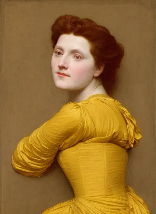 Image similar to portrait of jemma channing, wearing yellow ochre, preraphaelite colour photography by frederic leighton, 8 k