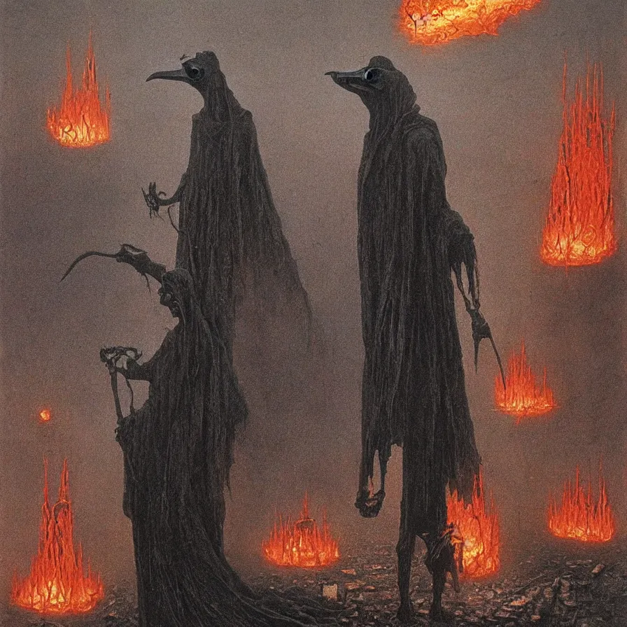 Prompt: plague doctor from iron gridle but human form, destroyed city and flames by zdzislaw beksinski, color