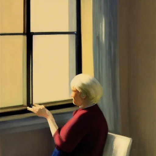 Image similar to a beautiful picture of an old woman looking at the window of her apartment by Edward Hopper trending on Artstation