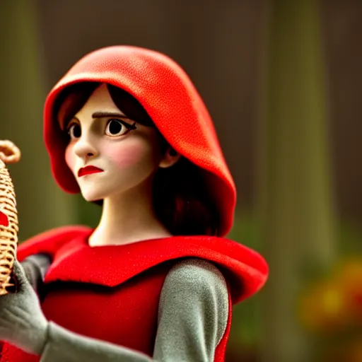 Image similar to a cinematic film still of a claymation stop motion film starring emma watson as little red riding hood, holding basket, shallow depth of field, 8 0 mm, f 1. 8