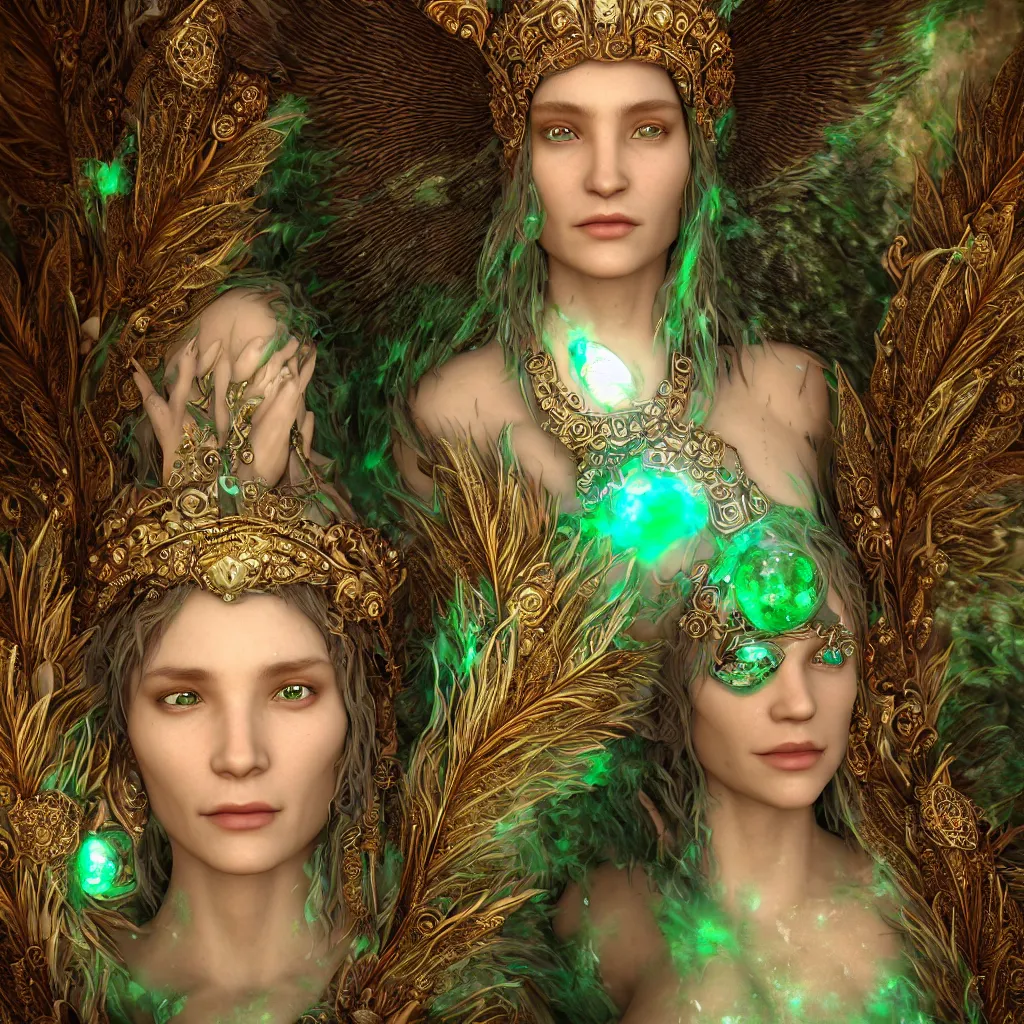 Prompt: wiccan high priestess with angelic face, super fine details and intricate jewelry with feathers and crystals, ethereal, in deep clear emerald water, divine realm of gods, solarpunk realistic cinematic style, filmed in 70mm, volumetric lighting, octane render, photographic, concept art, artist Leonardo DaVinci, unreal engine, 8k