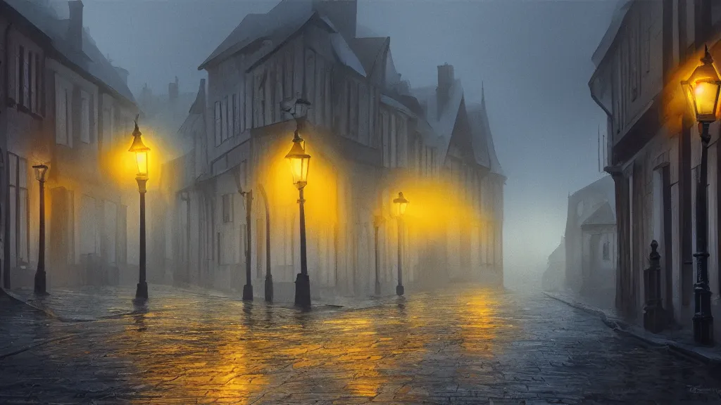 Image similar to the old town with houses in the windows of which the light is on. early morning, fog on ground, wet street. mike barr painting. volumetric light, dull colors, dark, noir arthouse, 3 5 mm, hight detalied, hd, 4 k