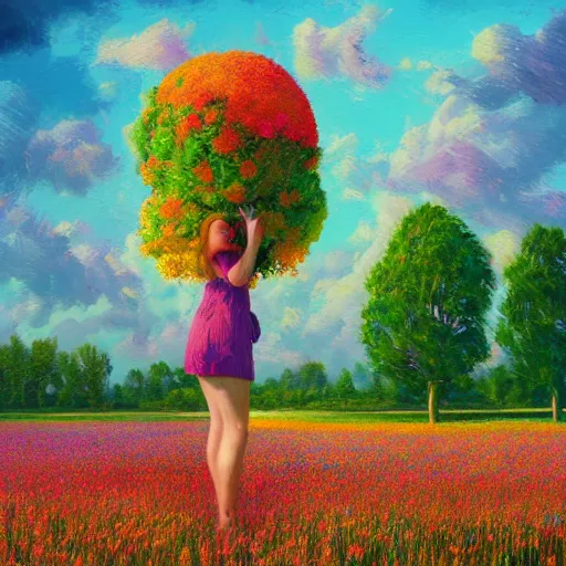 Image similar to giant flower head, girl standing in flower field, surreal photography, big trees, sunrise dramatic light, impressionist painting, colorful clouds, digital painting, pointillism, artstation, simon stalenhag