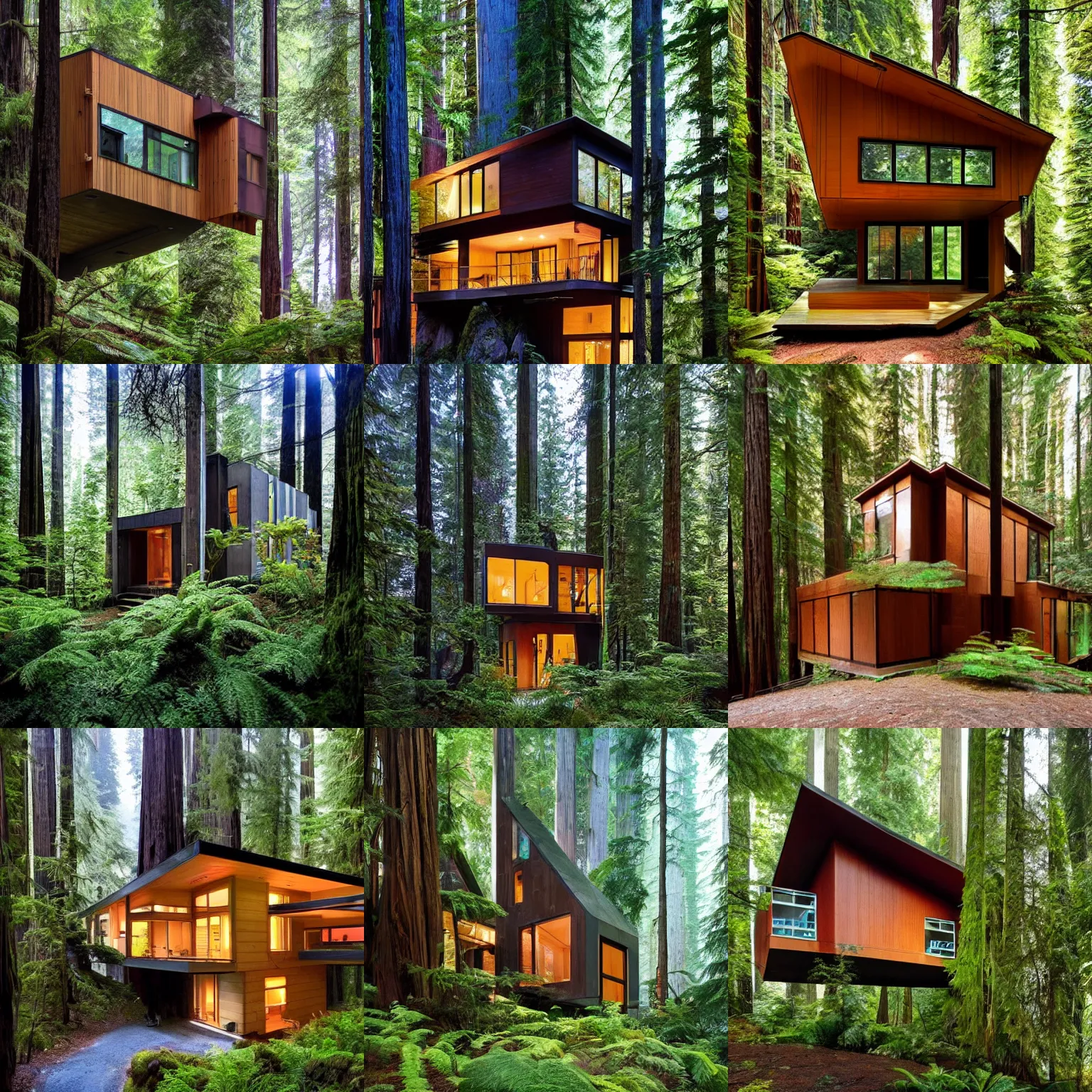 Prompt: modern solarpunk house, in a magical redwood forest, photo