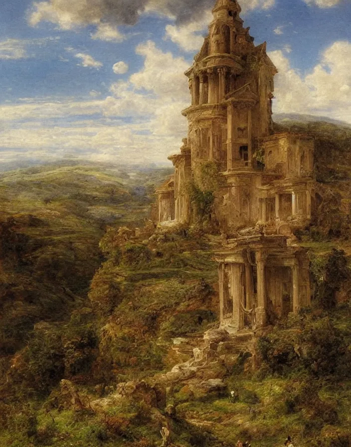 Image similar to a building in a stunning landscape by Sophie Anderson