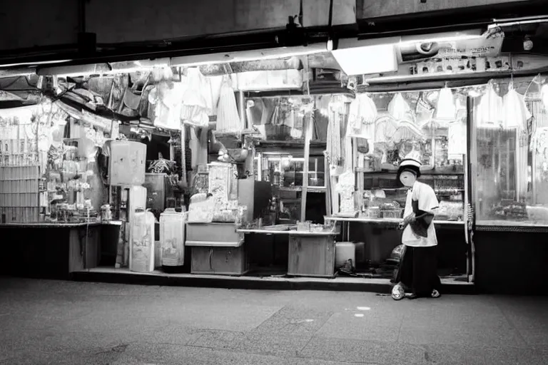 Image similar to still photo of a japanese street vendor, black and white color aesthetic, highly detailed, photorealistic portrait, bright studio setting, studio lighting, crisp quality and light reflections, unreal engine 5 quality render