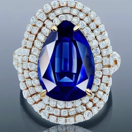 Image similar to a magnificent luxurious design of a female finger ring with a huge sapphire on which intricate patterns with interspersed small diamonds bend with a thin gold thread. hyper - realistic photo. full screen. very clear details.