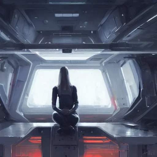 Prompt: concept art by greg rutkowski, a very tall, and slender woman with blonde hair, sitting with the crew in the ship's flight deck, brutalist futuristic interior, dark lighting atmosphere, detailed portraits, nostalgic atmosphere, scifi, digital painting, artstation, concept art, smooth, sharp foccus ilustration, artstation hq