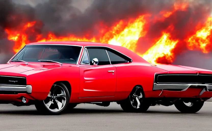 Image similar to a red 1 9 6 8 dodge charger r / tdriving high speed, fire explosion in the background, action scen. realistic. high resolution. dramatic