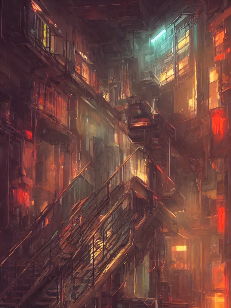 Image similar to down a basement staircase neon lights cyberpunk style digital painting concept art smooth sharp focus hyperrealistic illustration artstati