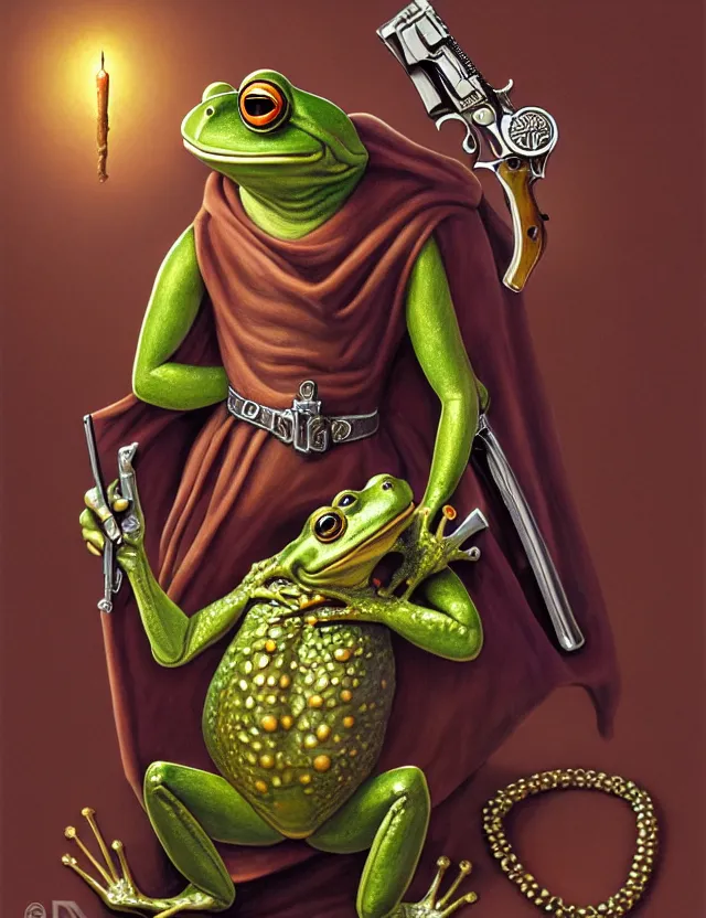 Prompt: anthropomorphic bipedal frog that is dressed as a renaissance librarian, and holding revolver pistols, as a matte oil painting and d & d character art, by alex grey, standing, fullbody, mystic, cold, jewels, concept art, award - winning, extremely detailed, sharp focus