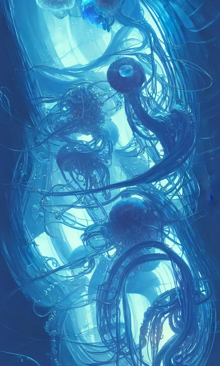 Image similar to detailed cyberpunk jellyfish, blue tones, underwater, full frame, highly detailed, digital painting, artstation, concept art, smooth, sharp focus, illustration, art greg rutkowski and alphonse mucha