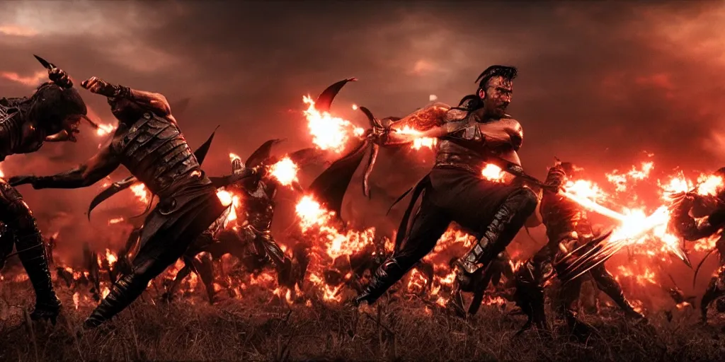 Image similar to epic battle screen of hero, film still from the movie'3 0 0'( 2 0 0 6 ), 3 d, 8 k realistic, cryengine, playstion 5 screen, cinematic lighting