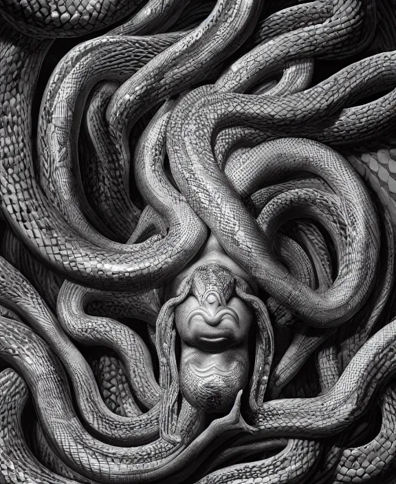 Image similar to beautiful medusa head highly detailed snakes, cosmic horror, abstract, ghostly, arcade, duotone, poltergeist, epic lighting, intricate, elegant, highly detailed, smooth, sharp focus, photo real, ultra realistic, unreal engine 5, raytracing, in the style of beeple and mike winkelmann, ultraviolet colors