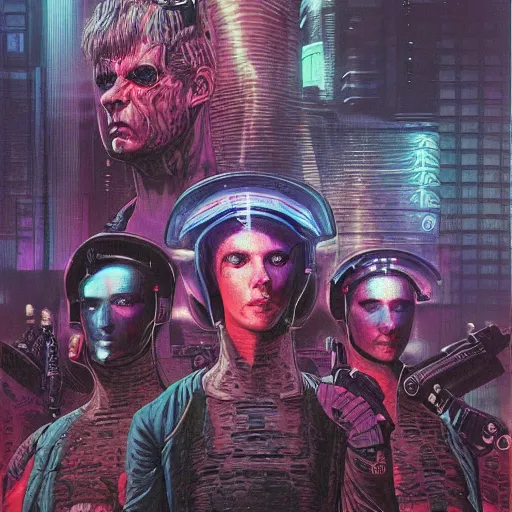 Image similar to frontal portrait of a cyberpunk gang, by wayne barlowe