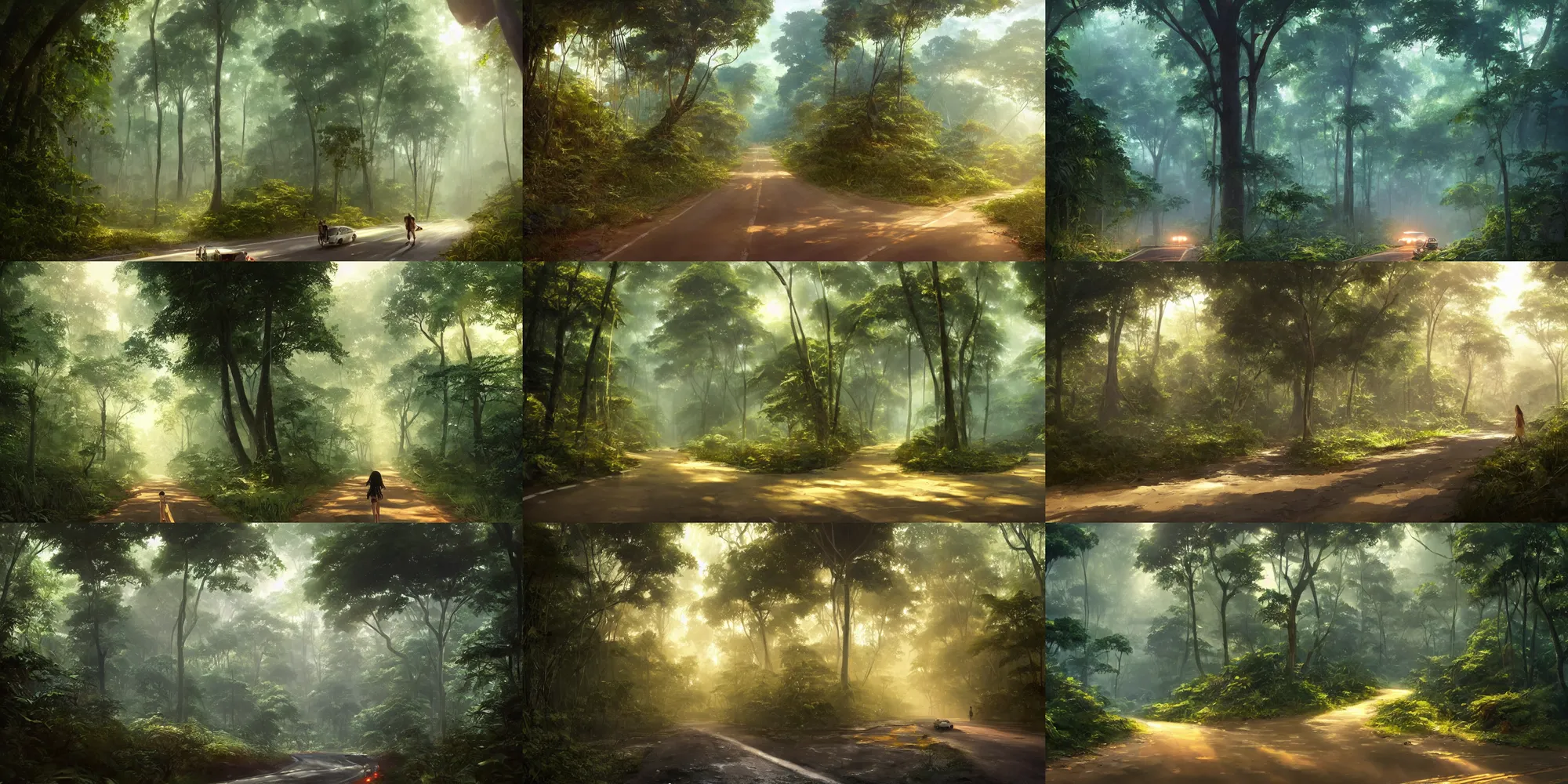 Prompt: road in the middle of an exhuberant jungle, art by Makoto Shinkai and greg rutkowski, iquitos in the amazonian, pixar style, highly detailed, rule of thirds, golden ratio, digital painting, concept art, illustration, soft volumetric lighting, artstation, behance, very detailed, smooth, sharp focus, octane render, 8K, composition by Fra Angelico