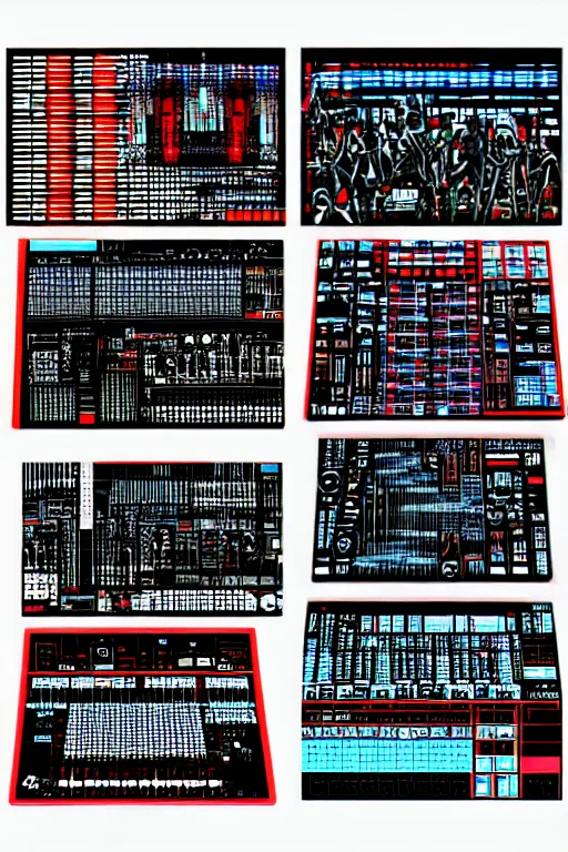 Image similar to drum machines and synththezisers, modular, in the style of akira, tron, sculpted by gaudi