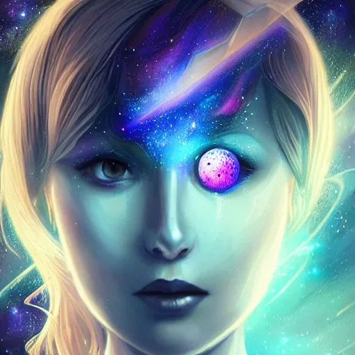 Prompt: geometric with galaxy eyes in space, nebula in the background, intricate, elegant, highly detailed, digital painting, artstation, concept art, smooth, sharp focus, illustration, art by artgerm