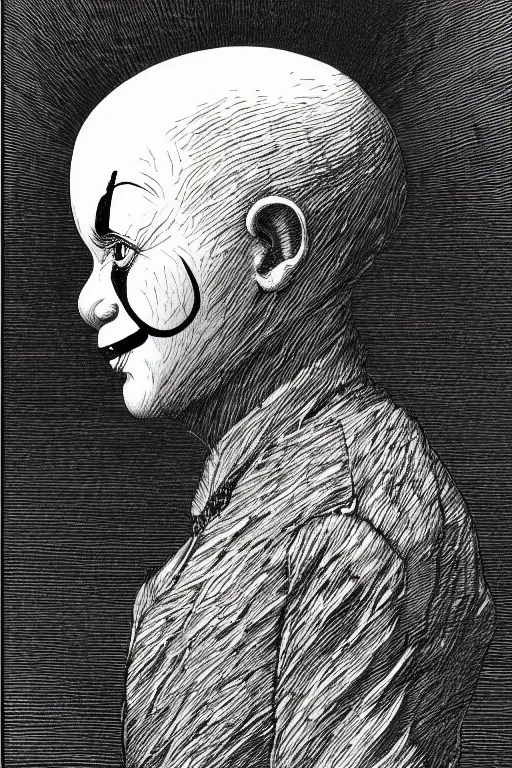 Image similar to sideview waist up portrait of it clown by laurie greasley and rene magritte, etching by gustave dore, intricate, sharp focus, illustration, highly detailed, digital painting, concept art, masterpiece