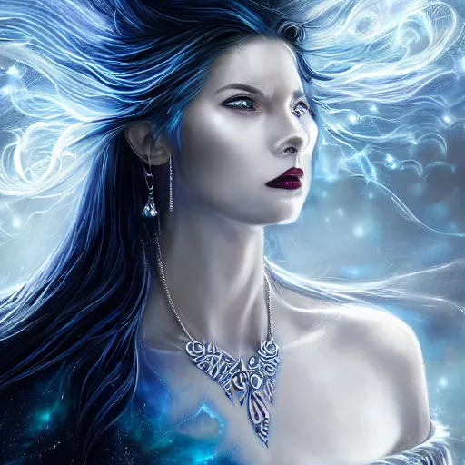 Image similar to masterpiece portrait of an aesthetic elegant mage woman, ice spell, 3 0 years old woman, soft face, black dynamic hair, wearing silver diadem with blue gems inlays, silver necklace, painting by joachim bergauer and magali villeneuve, atmospheric effects, chaotic blue sparks dynamics in the background, intricate, artstation, instagram, fantasy