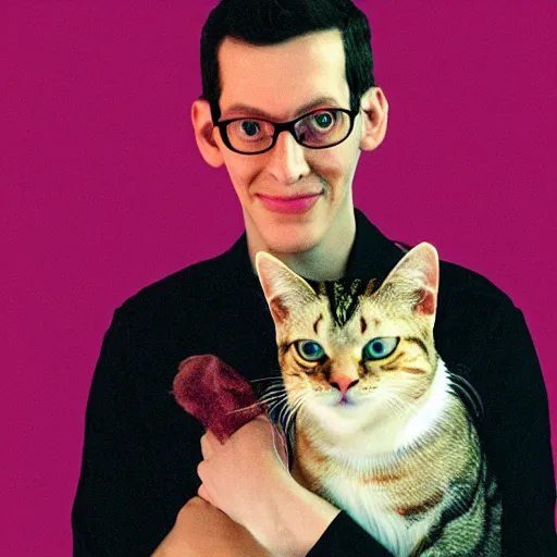 Prompt: portrait of neil cicierega holding his cat in the dark, red lighting, black background, their right eyes have lens flares, it's dark