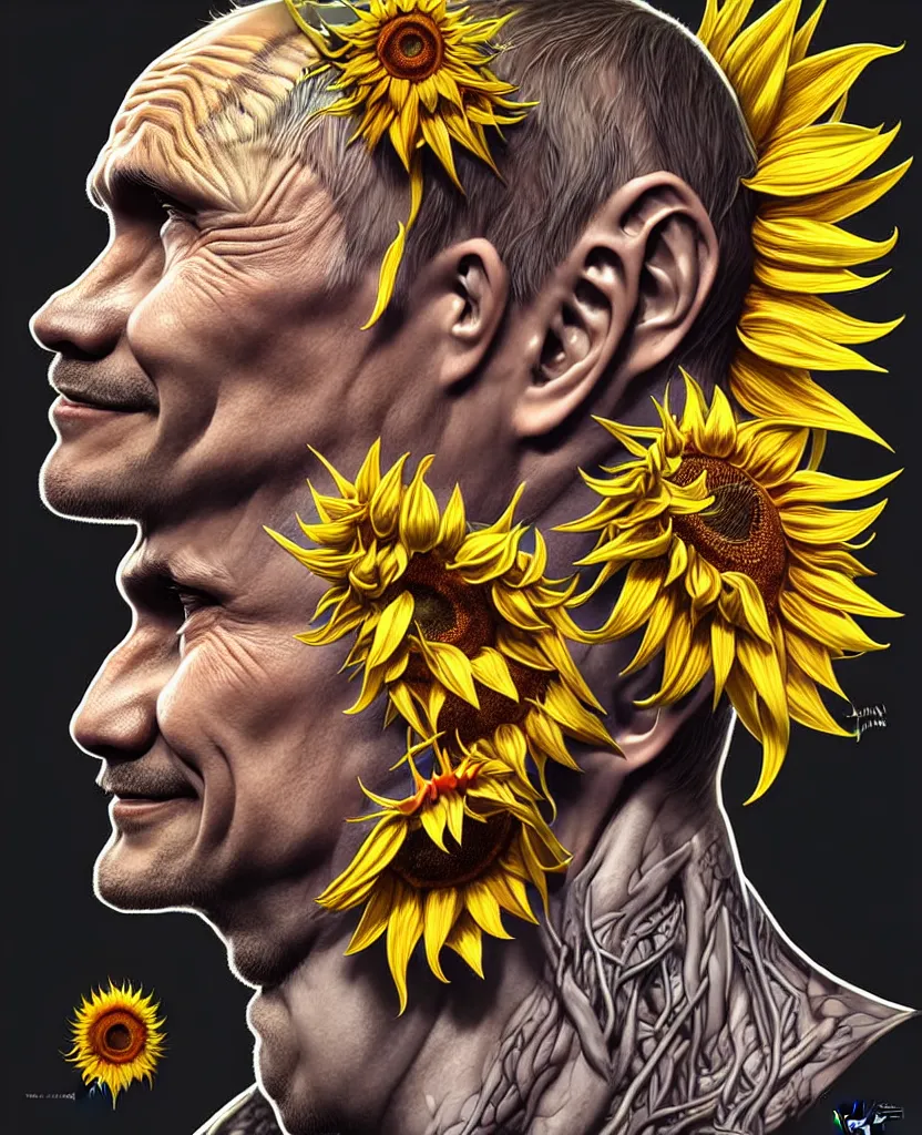 Image similar to digital art, centered full body of Putin smiling king, Sunflower crown, ,intricate, veins, by James Jean and by artgerm , by ross tran ultradetailed, charachter design, concept art, trending on artstation,