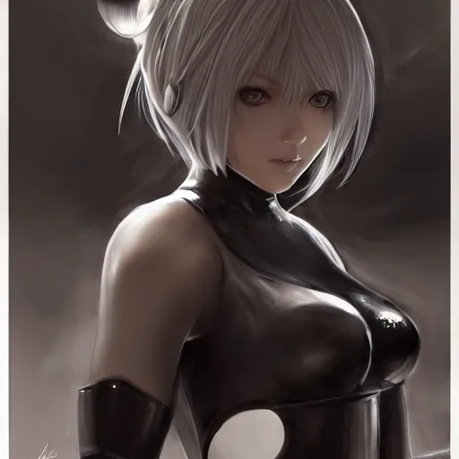 Image similar to pencil drawing of 2 b nier automata wearing a latex suit, beautiful piercing eyes, hyper realistic face, in the style of greg rutkowski, fantasy, amazing detail, epic, elegant, smooth, sharp focus