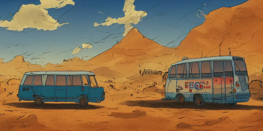 Image similar to an israeli egged bus driving in the negev, noon, sunlights, wide shot, digital art, ghibli style, vivid colors, flat colors, trending on artstation, high quality