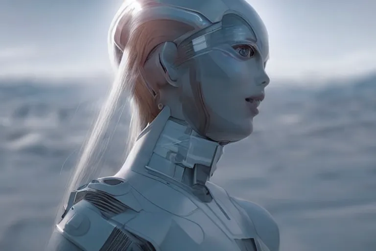 Image similar to VFX movie of a futuristic space woman model gorgeous portrait in future spaceship, beautiful natural skin natural lighting by Emmanuel Lubezki