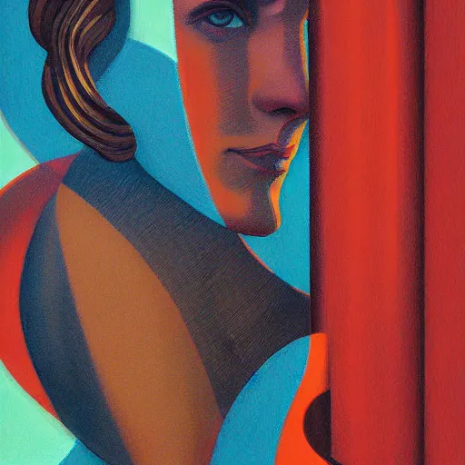 Image similar to detailed face of a woman, clockwork, moment, tectonic sky, skydome, bullet train, turbines, utopian, tech noir, wet reflections, prism, atmospheric, ambient, pj crook, syd mead, fritz lang, emma uber, edward hopper