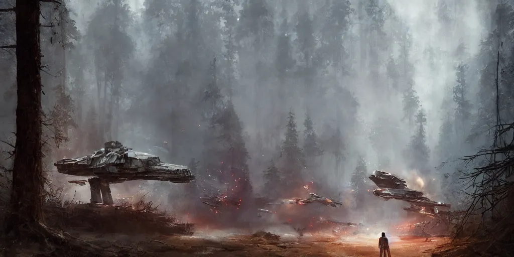 Image similar to a painting of a cinematic keyframe of star wars a destroyed at - at in a forest, heavy atmosphere, fire and smoke by greg rutkowski, rule of thirds, golden ratio, ambient lighting, wlop, artgerm, artstation, highly detailed masterpiece, dark fantasy art, high detail, trending on artstation