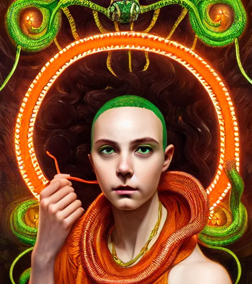 Prompt: portrait of teenage medusa, bald, raised eyebrow, wicked smile, black snakes cover her head, wearing an embroidered orange tunic, intricate, elegant, copper and emerald jewelry, glowing lights, highly detailed, digital painting, artstation, concept art, smooth, sharp focus, illustration, art by wlop, mucha, artgerm, and greg rutkowski