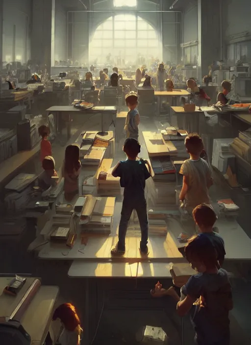 Image similar to epic employee with so many kids in front of computer. highly detailed, digital painting, concept art, smooth, sharp focus, illustration, art by greg rutkowski