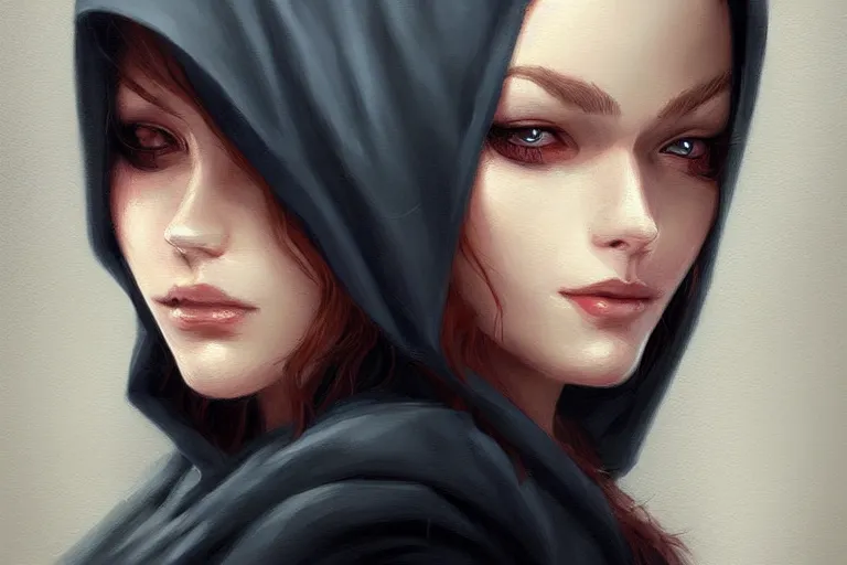 Image similar to « a painting of a woman with a hood on, a digital painting by charlie bowater, featured on cgsociety, fantasy art, behance hd, wiccan, artstation hd »