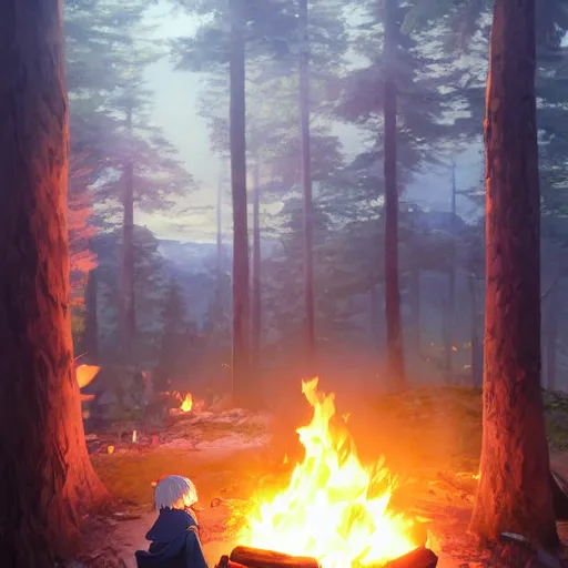 Image similar to yuru camp anime campfire hyperdetailed blue eyes, trending on artstation, cinematic lighting, highly realistically detailed, trending on pixiv , Unreal Engine 4k, detailed faces, manga cover, official anime key visual by greg rutkowski