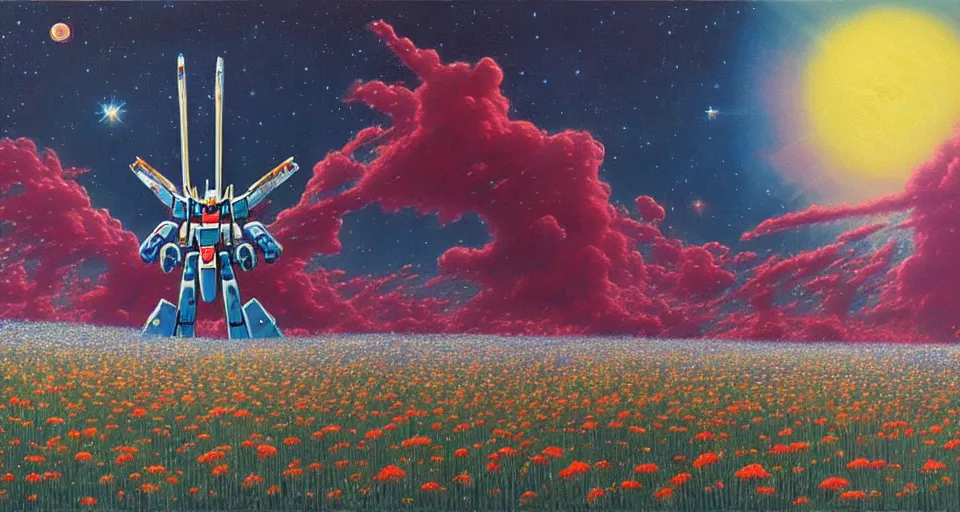 Prompt: a beautiful painting of a large mechanical mecha gundam in a field of flowers by moebius, underneath a star filled night sky, harold newton, zdzislaw beksinski, donato giancola, warm coloured, gigantic pillars and flowers, maschinen krieger, beeple, star trek, star wars, ilm, atmospheric perspective