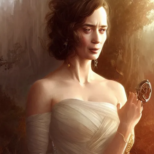 Image similar to portrait of emily blunt, fantasy, intricate, elegant, highly detailed, digital painting, artstation, concept art, smooth, sharp focus, illustration, art by artgerm and greg rutkowski and alphonse mucha