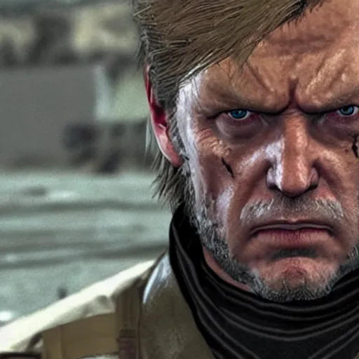 Prompt: Donald trump as old snake in metal gear solid V, movie still,