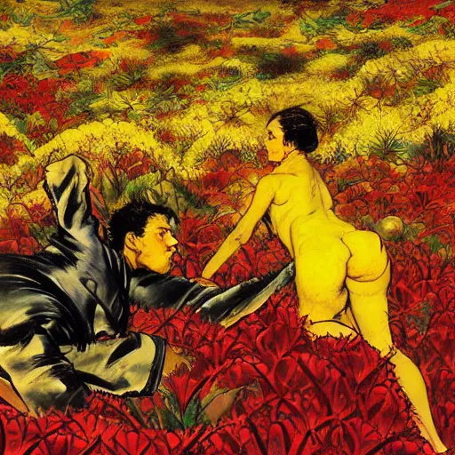 Image similar to 2 people in red desert drowning in a sea of yellow flowers, surrounded by swirls of prickly flowers rage , highly detailed, intricate, surreal, painting by Franz Marc, part by Yoji Shinkawa, part by Norman Rockwell