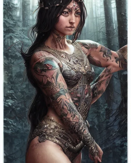 Prompt: a tattooed female warrior wearing a magical leotard in a magical forest, hyper realistic face, beautiful eyes, beautiful detailed eyes, fantasy art, in the style of greg rutkowski, illustration, epic, fantasy, intricate, hyper detailed, artstation, concept art, smooth, sharp focus, vibrant