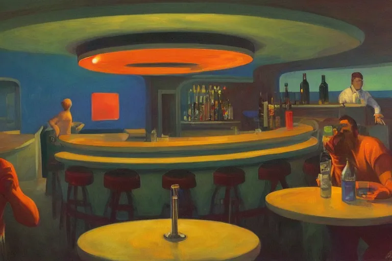 Prompt: a space station bar in jupiter with humans and aliens interacting and drinking, artstation, concept art by edward hopper, colorful lighting